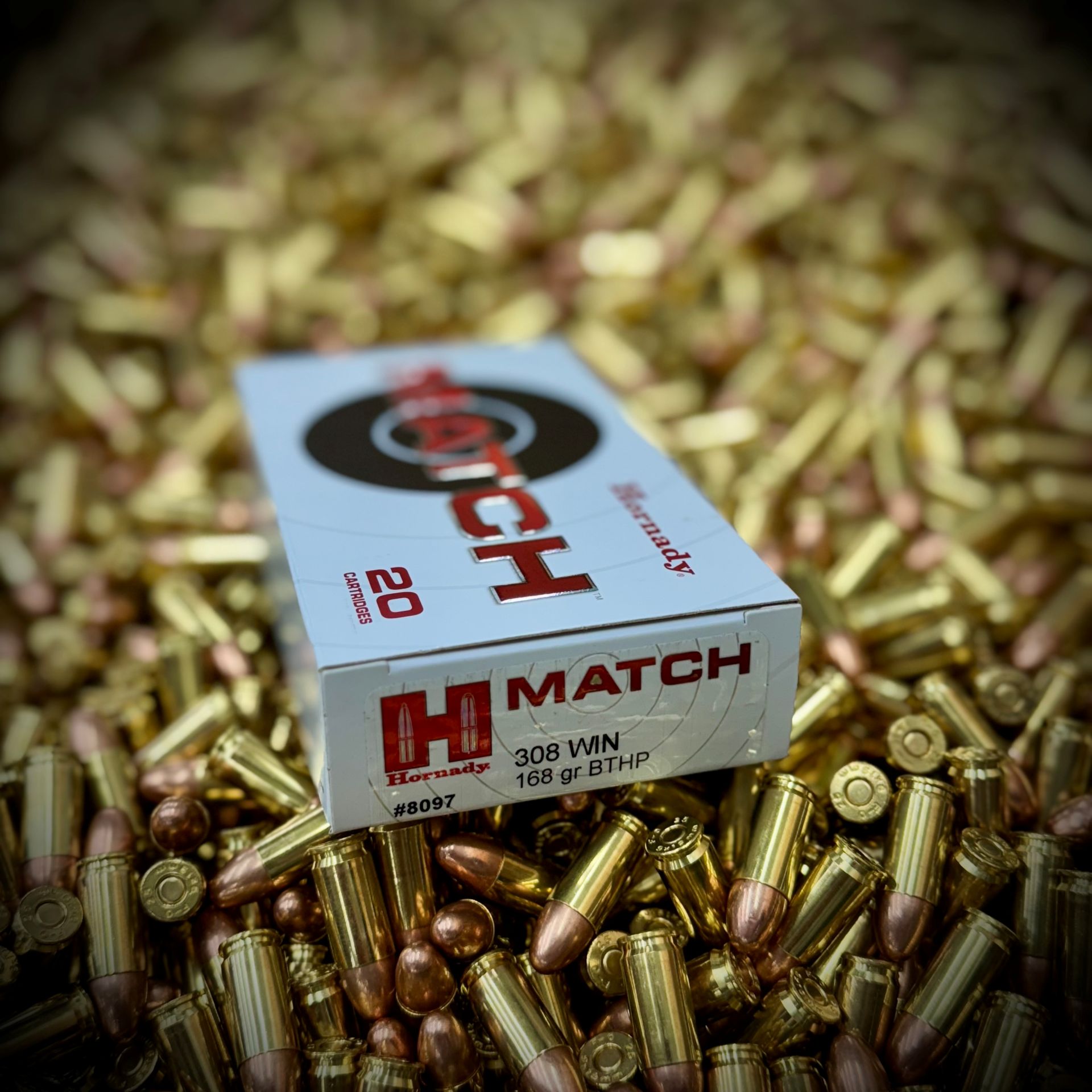 Side view of Hornady Match .308 Win 168gr ELD Match box for precision target shooting.