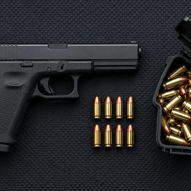 BC Ammo 9mm Luger 124gr FMJ 250-round jar next to 115gr 9mm rounds on a range bench.