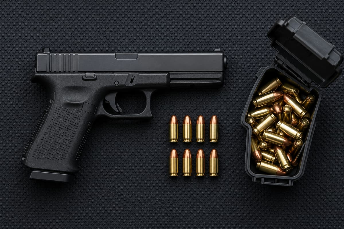 BC Ammo 9mm Luger 124gr FMJ 250-round jar next to 115gr 9mm rounds on a range bench.