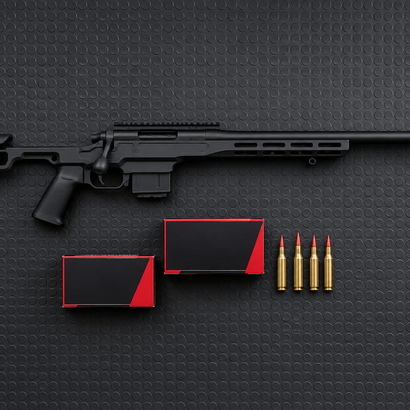 Hornady Match 6.5 Creedmoor 140gr and 147gr ELD-M ammo boxes beside a bolt-action precision rifle.