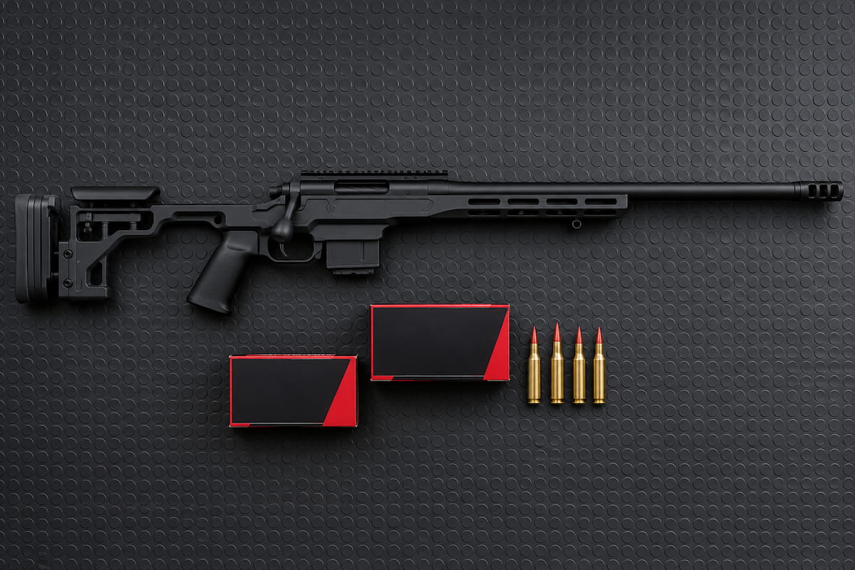 Hornady Match 6.5 Creedmoor 140gr and 147gr ELD-M ammo boxes beside a bolt-action precision rifle.